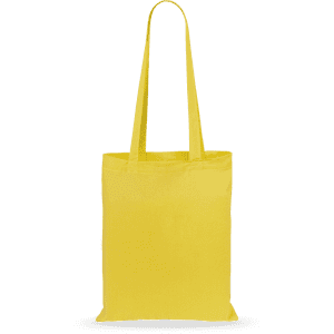 A yellow tote bag with two handles and a plain design, featuring a branding logo.