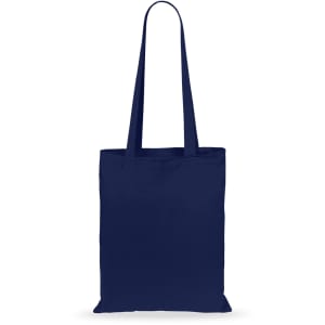 A navy tote bag with long handles and a simple design. It features a logo on one side.
