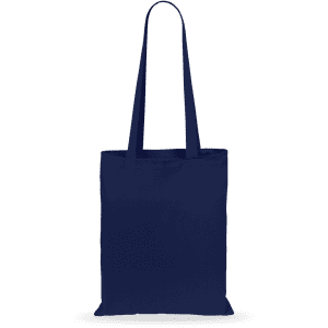 A navy tote bag with long handles and a simple design. Features a logo on the front.