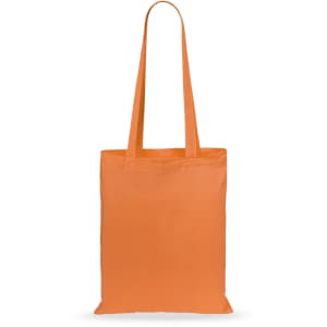 An orange tote bag with long handles and a plain design, featuring a logo.
