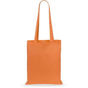 An orange tote bag with two handles and a simple design, featuring a logo on one side.