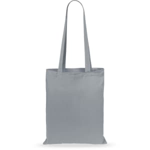 A grey tote bag with long handles and a simple design, featuring a branding logo.