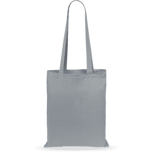A grey tote bag with long handles and a simple design. It has a logo on one side.