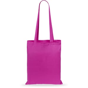 A bright pink tote bag with two handles and a simple design. It features a branding logo.