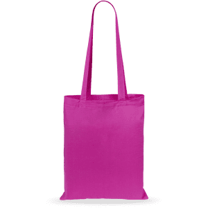 A pink tote bag with two straps; features a logo but no additional text or details.