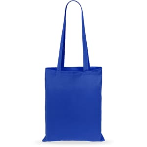 A blue tote bag with long handles and a simple design, featuring a logo.