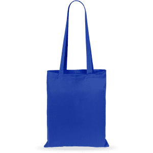 A blue tote bag with two handles and a simple design. It features a logo on one side.