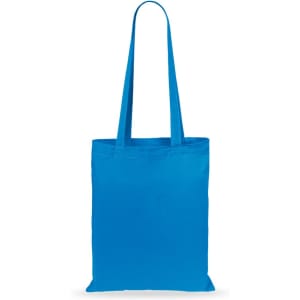 A blue tote bag with long handles and a simple design. The bag includes a logo on one side.