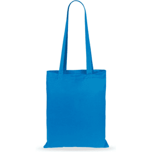 A blue tote bag with long handles and a simple, unadorned design. It has a logo on one side.