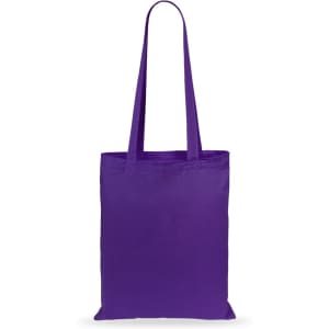 A purple tote bag with two shoulder straps and a simple design, featuring a logo on one side.