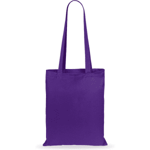 A purple tote bag with long handles and no visible branding or logos.