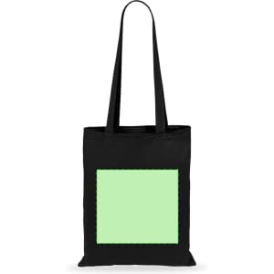 A black tote bag featuring a plain mint green square area and two long handles. It has a logo on one side.