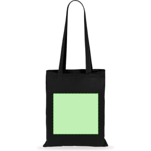 A black tote bag featuring a large mint green blank square and two shoulder straps. It has a logo on the design.