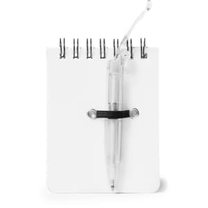 A white spiral-bound mini notebook with a transparent pen secured by a black elastic band.