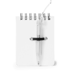 A white spiral-bound mini notebook with a transparent pen attached by an elastic band.