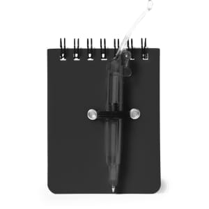 A black mini notebook with a spiral binding and a black pen secured to it. It has a logo on the cover.