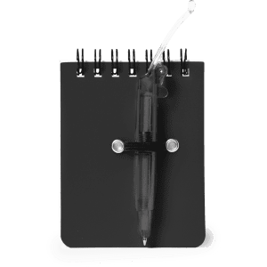 A small black notebook with a spiral binding, featuring a black pen attached.
