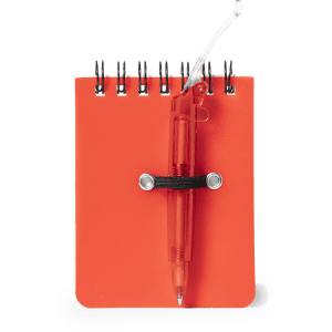 A red mini notebook with a spiral binding and a matching pen secured by an elastic band.