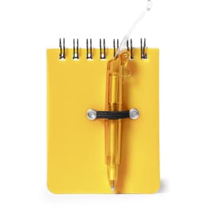 A yellow mini notebook with a spiral binding and a yellow pen secured with an elastic band. It features a logo.