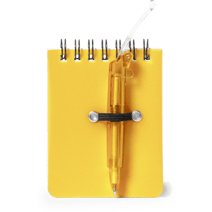 A yellow mini notebook with a spiral binding and a matching pen attached by an elastic band.