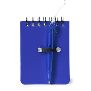 A blue notebook with a spiral binding and a pen attached with an elastic band. It includes a logo on the cover.