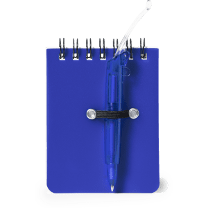 A blue mini notebook with a spiral binding and a blue pen secured by a black elastic band.
