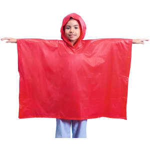 A child wearing a bright red poncho with a hood, featuring a simple design and a loose fit.