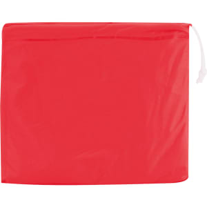 A red poncho folded neatly in a compact pouch, featuring a drawstring closure and a logo.