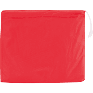 A red poncho packaged in a drawstring bag. The bag has a lightweight, translucent design and a closure mechanism.