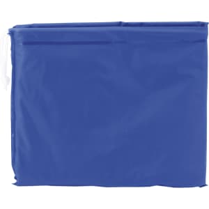 A blue poncho with a drawstring closure, featuring a logo on the front. It's packaged in a folding design.