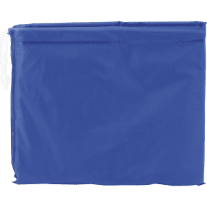 A blue poncho made from lightweight material, featuring a drawstring closure and a logo.