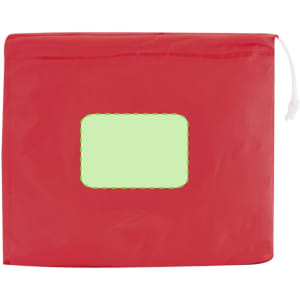 A red poncho with a green transparent window and a drawstring closure. It features a logo.