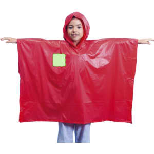 A red poncho with a hood, worn by a child, features a front pocket and has a logo.