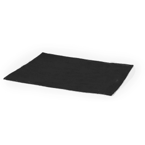 A black placemat with a rectangular shape, featuring a smooth surface and a simple design.