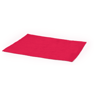 A red placemat featuring a simple rectangular design, ideal for home dining settings.