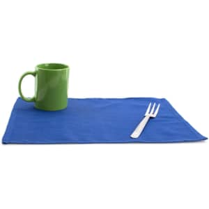 A blue placemat with a green mug and a silver fork on it, featuring a logo.