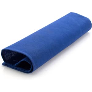A blue placemat neatly rolled up, featuring a textured fabric. The item has a branding logo.