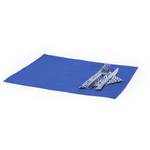 A blue placemat featuring a fork and knife placed on a folded napkin with a decorative pattern.
