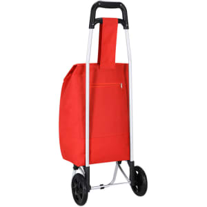A red shopping trolley on wheels with a handle and side pocket, featuring a sturdy metal frame.