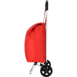 A red shopping trolley with a fabric bag and a metal frame, featuring two wheels and a handle.
