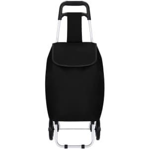 A black shopping trolley with a foldable handle and wheels, featuring a simple design and a single flap cover.