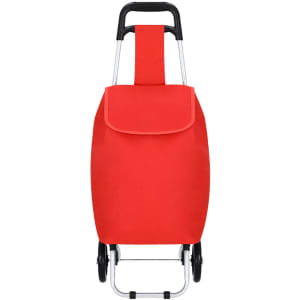A red shopping trolley with a sturdy handle and a large fabric bag feature, perfect for transporting items.