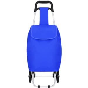 A blue shopping trolley with a foldable design and a handle, featuring a logo at the top.