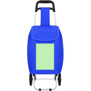 A blue shopping trolley with a metal frame and a flap closure. It features an area for branding or decoration.