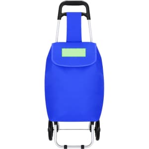 A blue shopping trolley with an aluminium frame and a flap cover. It features a handle and has a logo.