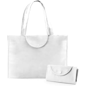 A foldable bag in white, featuring two handles and a snap closure, displayed alongside its compact folded form.