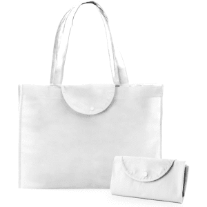 A foldable bag in white, featuring a snap closure and matching handle, displayed alongside its compact, folded form.