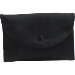 A black foldable bag with a curved flap and snap closure, featuring a simple design and a subtle logo.