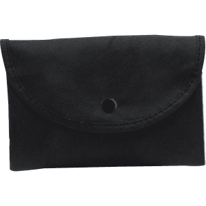 A foldable bag in black with a snap closure, featuring a branding logo on the front.