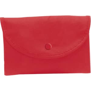A red foldable bag with a rounded flap and a button closure. Features a logo on the surface.